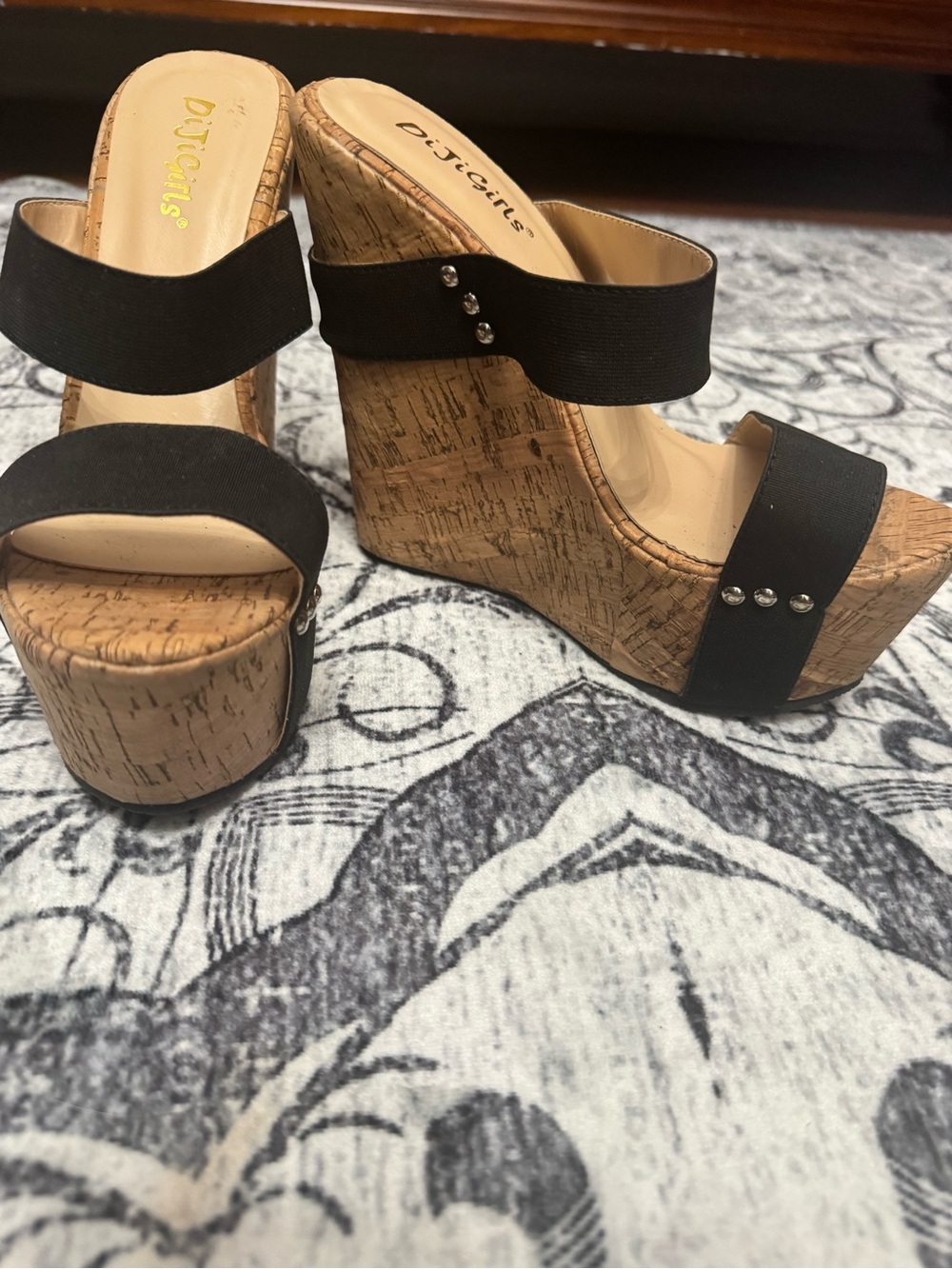 Black Cork Wedge Sandals